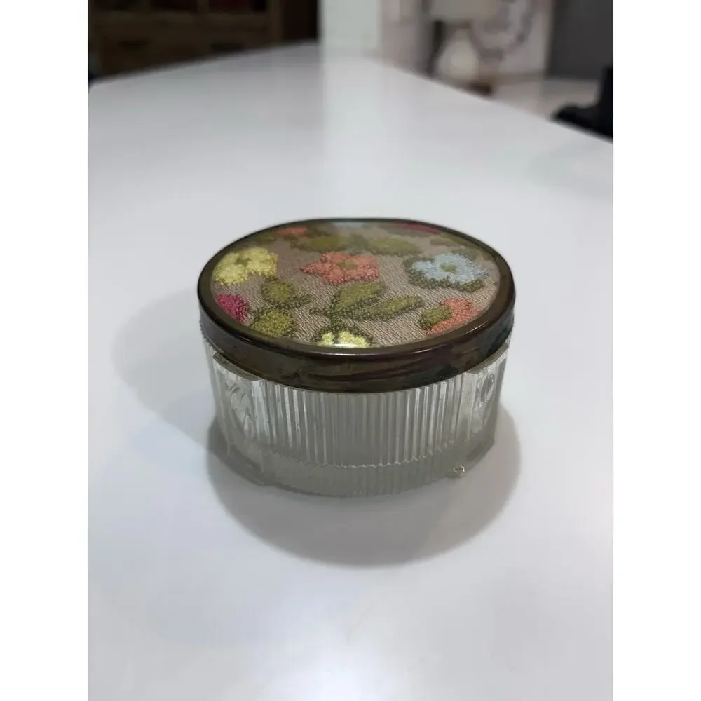 Vintage Glass Vanity Powder Jar Floral Lid Brass Rim Trinket Cottage Shabby Chic